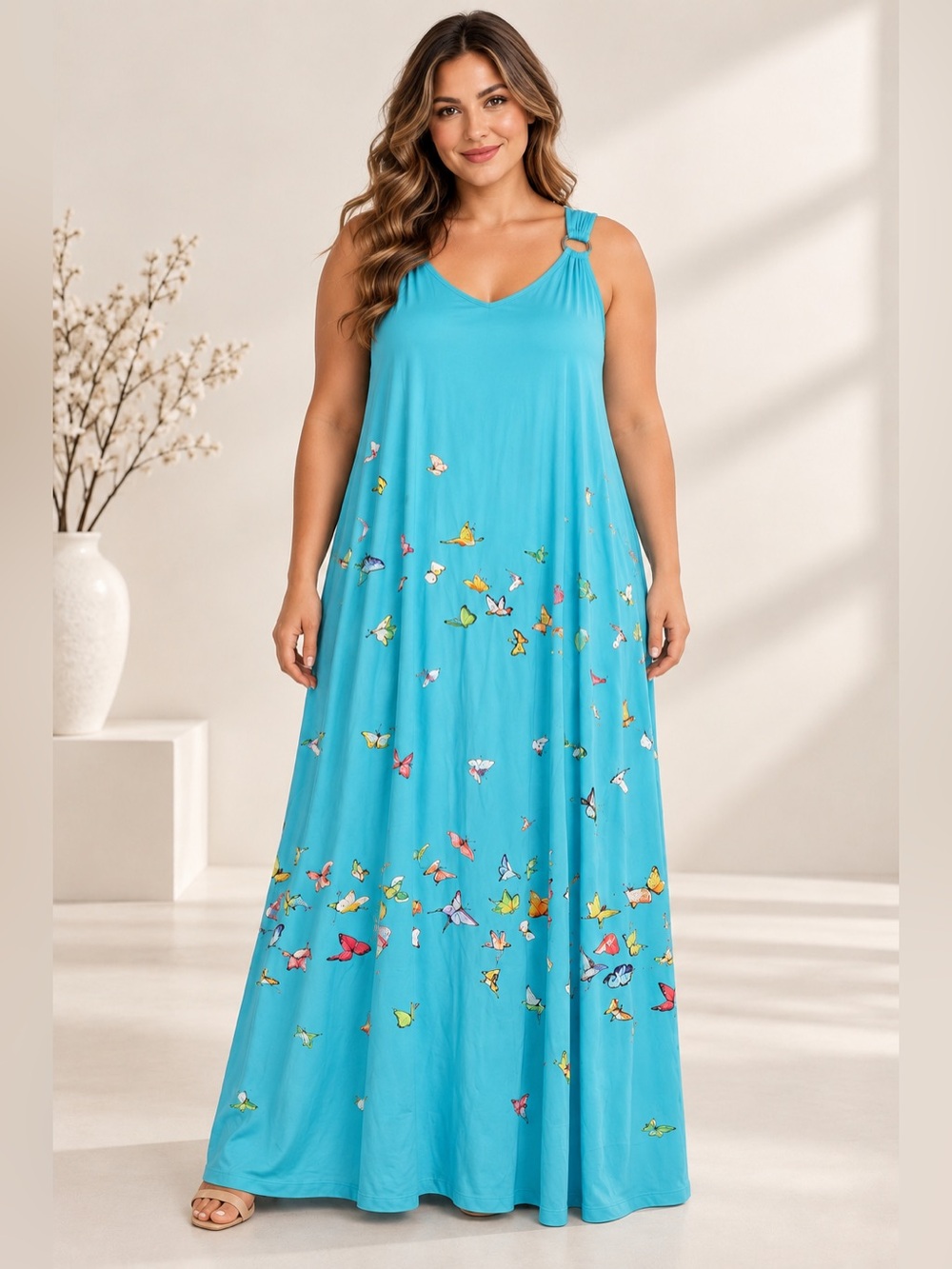 Turquoise Butterfly Print Maxi Dress Size 2XL - Picture 1 of 5